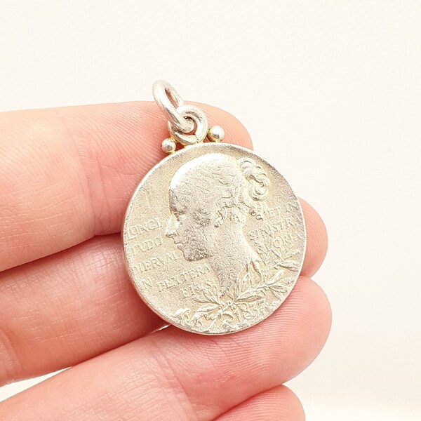 Antique Victorian Sterling Silver Coin Pendant 1837 -1897 Queen Victoria 60th Anniversary Medal Necklace Fob Charm Mens Womens Great Britain