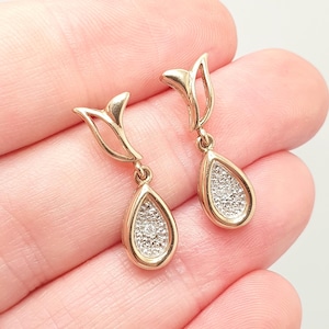Vintage 9k 9ct Gold Diamond Earrings Pear Shape Drop Stud Estate Illusion Set 9kt 375 Gemstone Stud Real Womens Jewelry Retro Jewellery