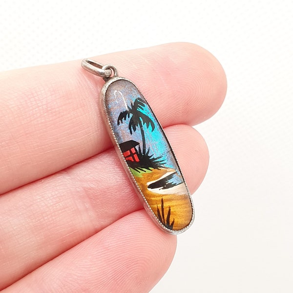 Antique Butterfly Wing Sterling Silver Pendant Palm Tree Beach Necklace Painted TLM Vintage 1920s Art Deco Insect Jewelry Jewellery Womens