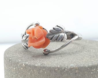 Anello antico in argento massiccio con fiore di corallo intagliato a mano, pietra preziosa arancione, gioielli da donna