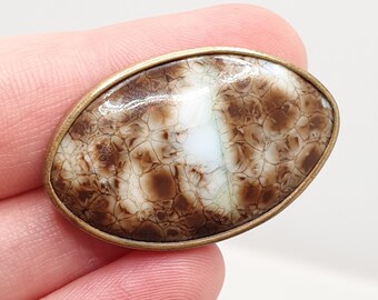Antique Victorian Agate Glass Brooch Pin Gold Tone Mottled Leopard Big Old Vintage White Brown Costume Jewelry Jewellery 1800s Womens