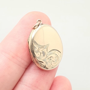 Antique 9ct 9k Gold Locket Pendant Oval Engraved Necklace Solid 375 Yellow Back & Front Vintage Fine Estate Picture Jewelry Jewellery