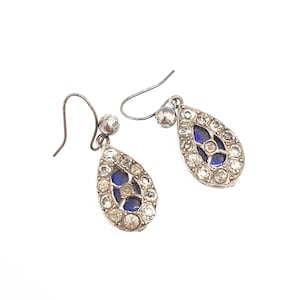 Antique Victorian Solid Silver Paste Earrings Bristol Blue Glass Diamond Foiled Glass Hook Dangle Dangling Genuine Vintage Jewelry Jewellery