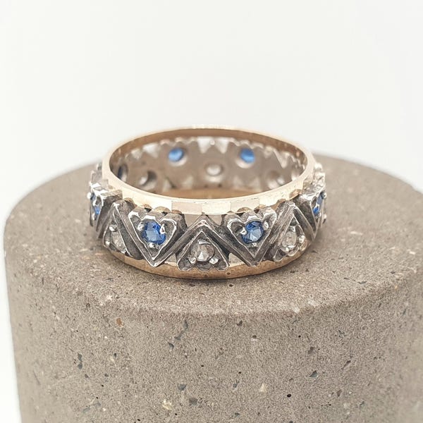 Antique Art Deco 9ct Gold & Sterling Silver Eternity Ring Blue White Spinel Triangle Vintage