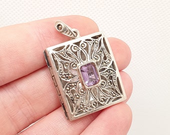 Vintage Sterling Silver Amethyst Locket Large Square Rectangular Marcasite Necklace Pendant Solid 925 Picture Photo Jewelry Retro Jewellery