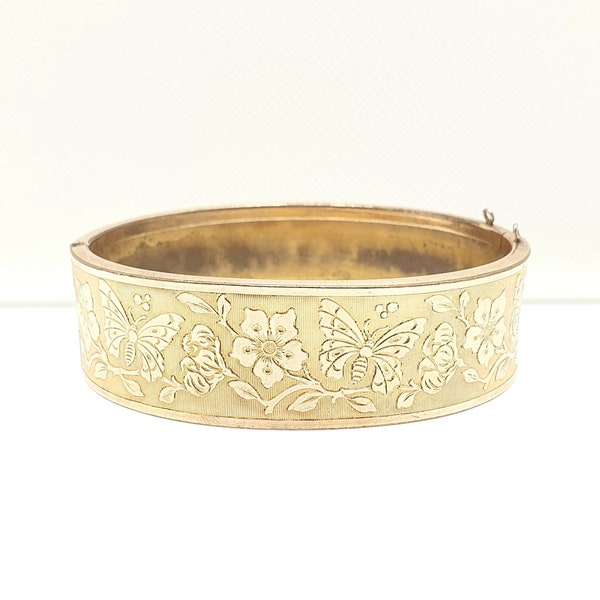 Antique Rolled Gold Butterfly Snap Bracelet Bangle Art Deco 1920s Gold Filled A*D Flower Embossed 27.63g Ornate Womens Jewelry Jewellery
