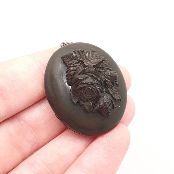 Antique Victorian Vulcanite Locket Pendant Cameo Flower Necklace Whitby Jet Imitation Mourning Ebonite Large Jewelry Jewellery Vintage