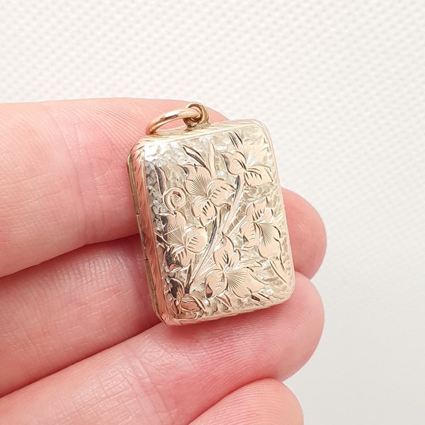 Antique 9ct 9k Gold Rectangular Locket Victorian Pendant Rose Solid 375 Back & Front Picture Photo Vintage Necklace Jewelry Womens Jewellery