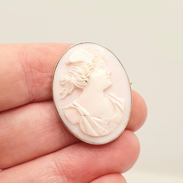 Antique 9ct Gold Pink Cameo Brooch Solid 9k 375 Conch Shell Rare Victorian Unique Hand Carved Detailed Vintage 1800s Jewellery Jewelry