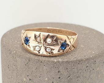 Anillo antiguo de oro de 15 quilates con zafiro, perlas cultivadas y cruz, sello de 1905, oro macizo 625 de 15 quilates, joyería fina vintage para mujer.