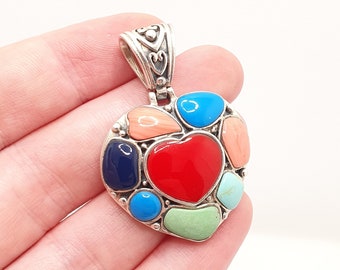 Vintage Sterling Silver Heart Necklace Pendant Multi Coloured Faux Gemstones Large Heavy Solid 925 Big Retro Womens Jewellery Jewelry