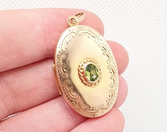 Vintage sólido 9k 375 oro medallón peridoto olivino piedra preciosa grande 9ct ovalado 1991 Hallmark foto imagen colgante joyería joyería de mujer