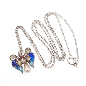 Antique Sterling Silver Enamel Butterfly Pendant Art Nouveau Necklace Ruby Diamond Paste Insect Bug Fly Vintage Womens Jewelry Jewellery