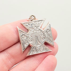 Antique Victorian Solid Silver Maltese Cross Pendant Necklace Fob Engraved Face Cruciform Big Large Mens Womens Jewelry Jewellery