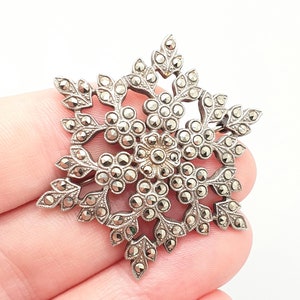 Antique Sterling Silver Snowflake Brooch Marcasite Pin Art Deco Snowy Snow Christmas Sparkly Gemstone 1920s Vintage Jewelry Jewellery