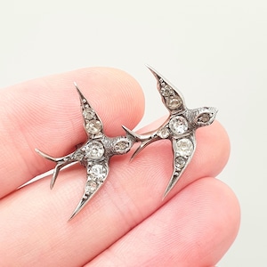 Antique Sterling Silver Victorian Paste Bird Brooch Diamond Foiled Pastes Pair of Songbirds Swallows Cute Birds Vintage 1800s Ladies Womens