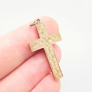Antique 9ct 9k Gold Crucifix Necklace Rose Cross Pendant Leaf Engraved Cruciform Solid 375 Vintage Womens Mens Jewellery Jewelry