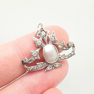 Antique Solid Silver Victorian Diamond Paste Necklace Pendant Mother of Pearl Centre Shell Art Nouveau Vintage Ornate Jewellery Jewelry