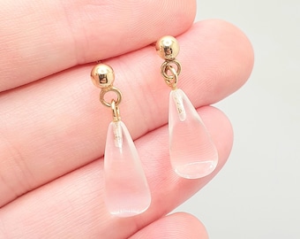 Vintage 9k 9ct Gold Rock Crystal Earrings Clear Quartz Teardrop Hanging Drop Stud Solid 9 375 Real Gemstone Genuine Womens Jewelry Jewellery