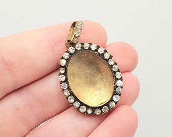 Antique Victorian Paste Locket Pendant Diamond Pastes Gold Gilt One Sided Rare Picture Necklace Photo 1800s Vintage Jewelry Jewellery