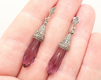 Antique Solid Silver Amethyst Paste Teardrop Earrings Art Deco Faceted Marcasite Crystal Vintage 1920s  Womens Ladies Jewelry Jewellery