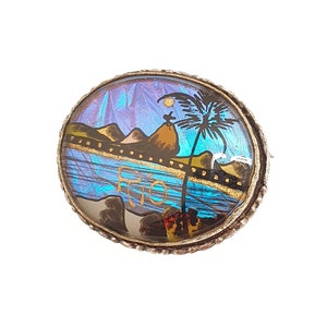 Antique Art Deco Butterfly Wing Brooch Beach Palm Trees Brasil Exotic Holiday Silver Plater Womens Jewelry Handmade Insect Bug Jewelry