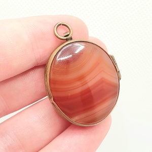 Antique Victorian Agate Locket Gold Gilt Pendant Necklace Large Big Genuine Gemstone Banded Striped Cabochon Vintage Womens Mens Jewelry