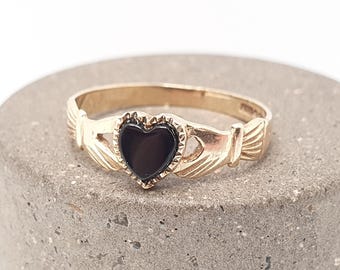Anillo Claddagh vintage de oro de 9 quilates con ónix, oro macizo de 9k, corazón gaélico irlandés, amarillo, amistad, lealtad, joyería para mujer.