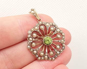 Antique 9k 9ct Gold Peridot Olivine Necklace Pendant Brooch Seed Pearl Flower Art Nouveau Edwardian Solid 375 Elegant Jewelry Jewellery