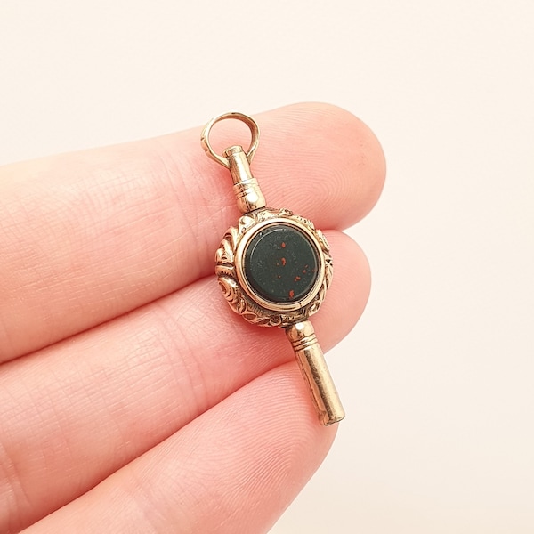 Antique Victorian 9ct Gold Bloodstone Pocket Watch Key Fob Pendant Solid 9k 375 Carnelian Necklace Chased Vintage Womens Jewellery Jewelry