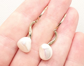 Retro 9ct 375 Gold Baroque Pearl Earrings Hook Hanging Genuine Real Pearls Pendulum Solid 9k Dangle Drop Vintage Womens Jewelry Jewellery