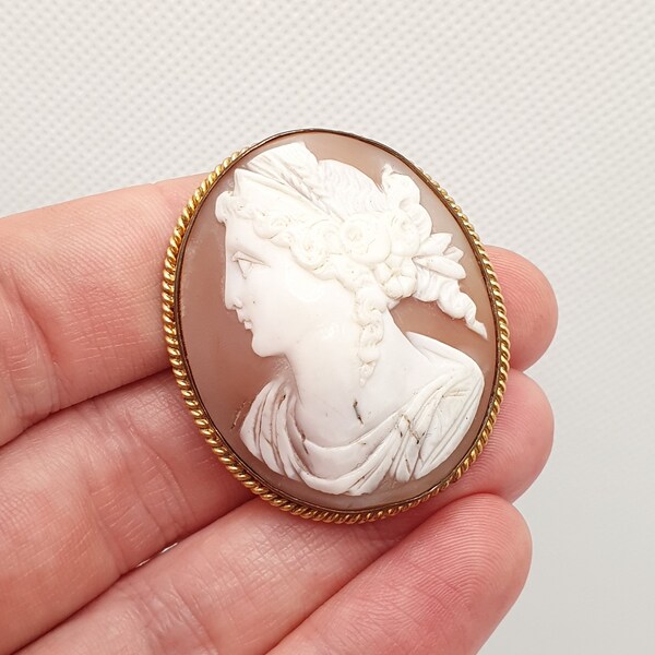 Antike viktorianische Cameo Brosche Rolled Gold Filled Seil Rand groß fein handgeschnitzte Muschel Vintage Damen Schmuck Schmuck