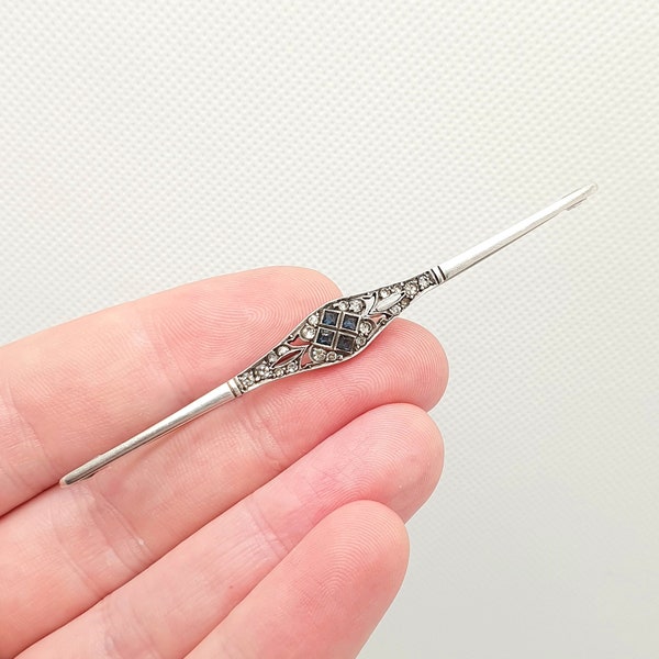 Antique Art Déco Broche en Argent Massif Pâte de Saphir Pâte de Diamant Carré Coupe Bar Pin Années 1920 Sparkly vintage Femmes Dames Bijoux Bijoux