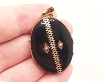 Antieke Victoriaanse 9ct goud zwart emaille medaillon rouw solide 9k 375 zaad parel grote grote ovale vintage fijne ketting hanger gotische sieraden