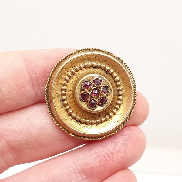 Antique Victorian Garnet Brooch Rolled Gold Filled Etruscan Cluster Genuine Almandine Gemstone Womens 1800s Jewelry Jewellery Vintage