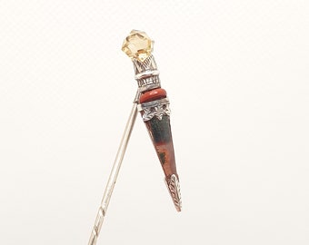 Antique Victorian Solid Silver Scottish Dirk Stick Pin Citrine Moss Agate Jasper Genuine Gemstone Vintage Lapel 1800s Jewelry Jewellery