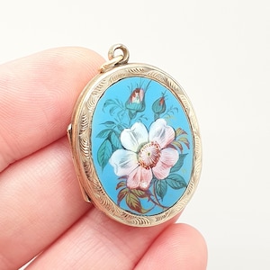 Antique Victorian 9ct 9k Gold Locket Enamel Flower Hand Painted Necklace Pendant Large Big Solid Back & Front Engraved Jewelry Jewellery