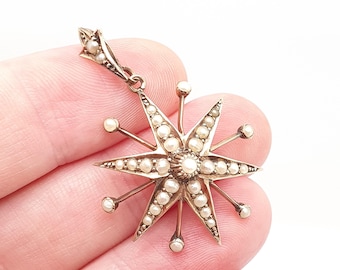 Colar antigo com pingente de estrela em ouro 9 quilates e pérolas, estilo vitoriano, joia vintage celestial em ouro maciço 9k 9kt 375.