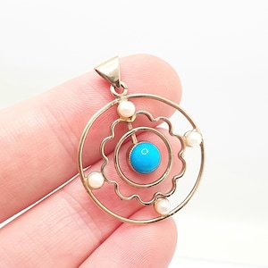 Antique Turquoise 9ct 9k Gold Pendant Necklace Seed Pearl Target Openwork Edwardian Lavaliere Gemstone Solid 375 Vintage Jewellery Jewelry