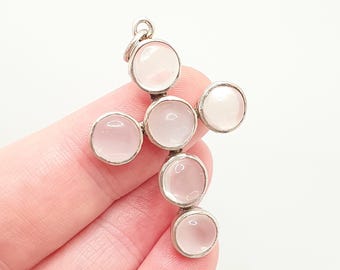 Collana antica con croce a crocifisso in argento massiccio e pietra di luna, ciondolo crocifisso vittoriano con gemma, gioielli vintage