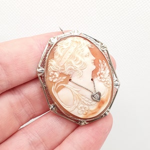古いヴィンテージ 14k ゴールド カメオ ペンダント ブローチ ダイヤモンド ネックレス ハート ソリッド 14kt 585 ホワイト ゴールド 上質 ラージ ビッグ シェル エステート ジュエリー ジュエリー
