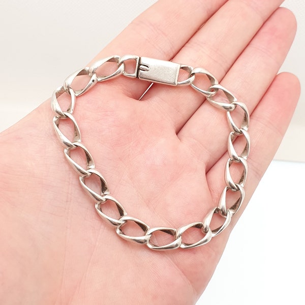 Bracelet à maillons gourmettes allongés vintage en argent sterling, argent mexicain 925, Mexique, gros 24,54 g, 21 cm, 8,25 po. d'épaisseur, bijoux pour hommes, femmes