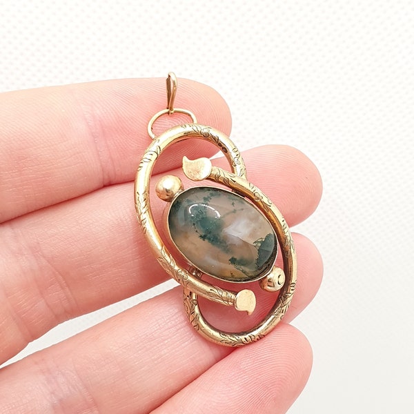 Antique Victorian Moss Agate Necklace Pendant Pinchbeck Knot Genuine Gemstone Gold Tone Oval Cabochon Vintage Womens Jewelry Jewellery