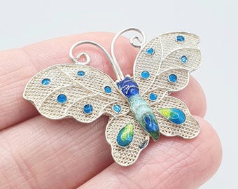 アンティーク中国製七宝焼き蝶のブローチ、フィリグリーエナメル