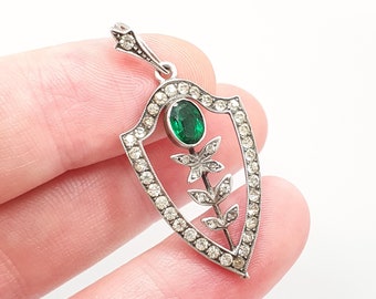 Antique Solid Silver Diamond Emerald Paste Necklace Shield Pendant Victorian Art Nouveau  Ornate Sparkly Womens Ladies Jewellery Jewelry