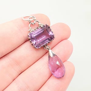 Antique Victorian Solid Silver Amethyst Pendant Necklace Rectangular Drop Genuine Real Quartz Large Gemstone Vintage Jewellery Jewelry