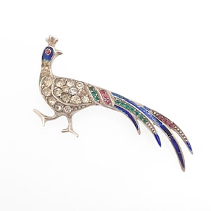 Antique Sterling Silver Peacock Brooch Diamond Paste Enamel Exotic Bird Edwardian Vintage Animal Birds Sparkly Womens Jewelry Jewellery