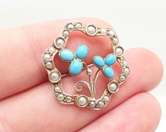 Antique Solid Silver Forget Me Not Brooch Turquoise Glass Faux