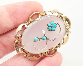 【アンティーク】ホワイトカルセドニーとトルコ石の勿忘草ブローチ アンティーク】ホワイトカルセドニーとトルコ石の勿忘草ブローチ