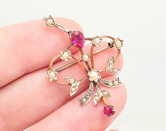 Antique 14k 14kt Gold Ruby Necklace Seed Pearl Openwork Pendant Brooch Edwardian Solid 585 Art Nouveau Vintage Womens Jewelry Jewellery